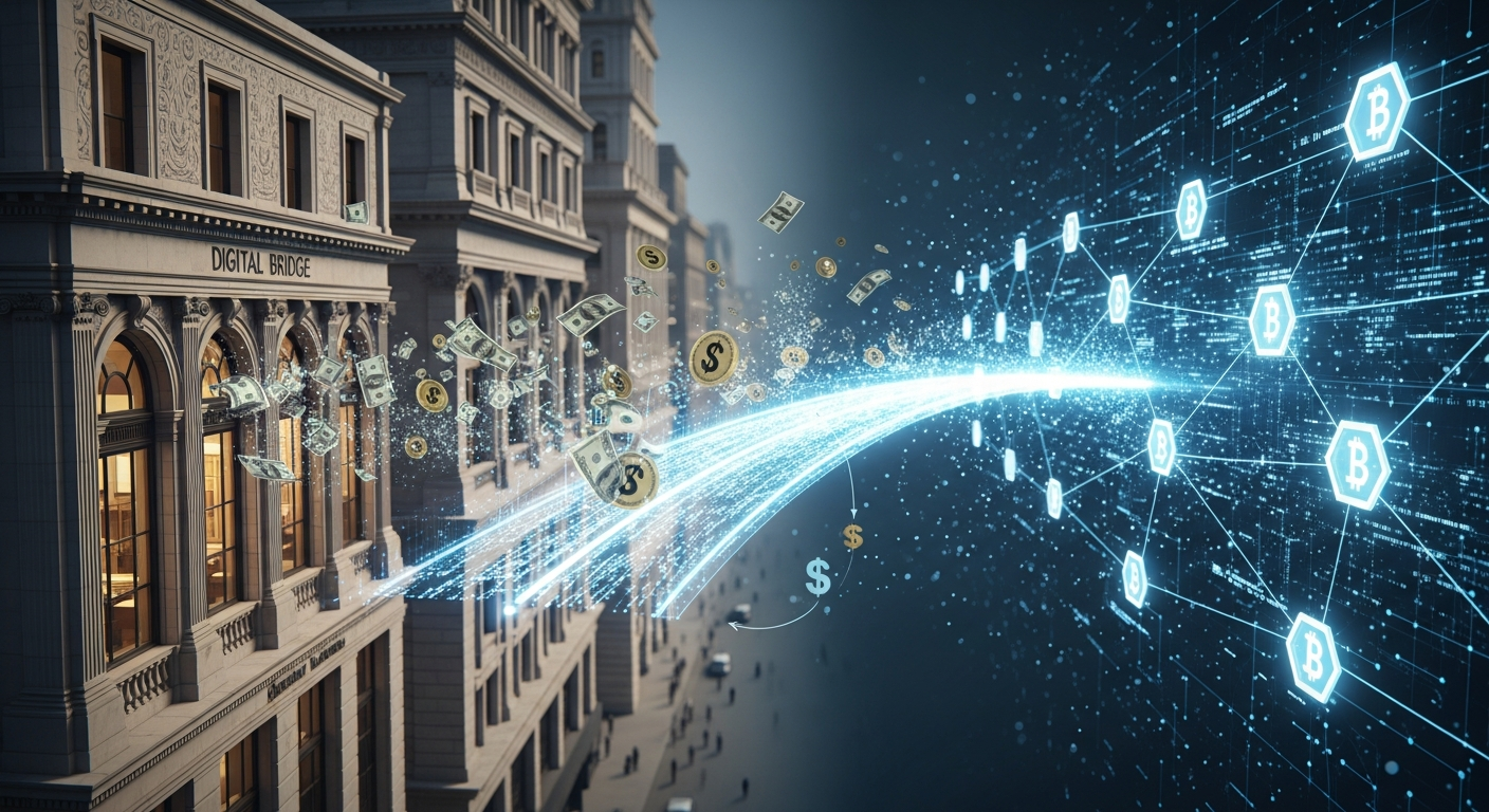 전통 금융과 디지털 자산을 연결하는 스테이블코인의 역할을 나타내는 이미지