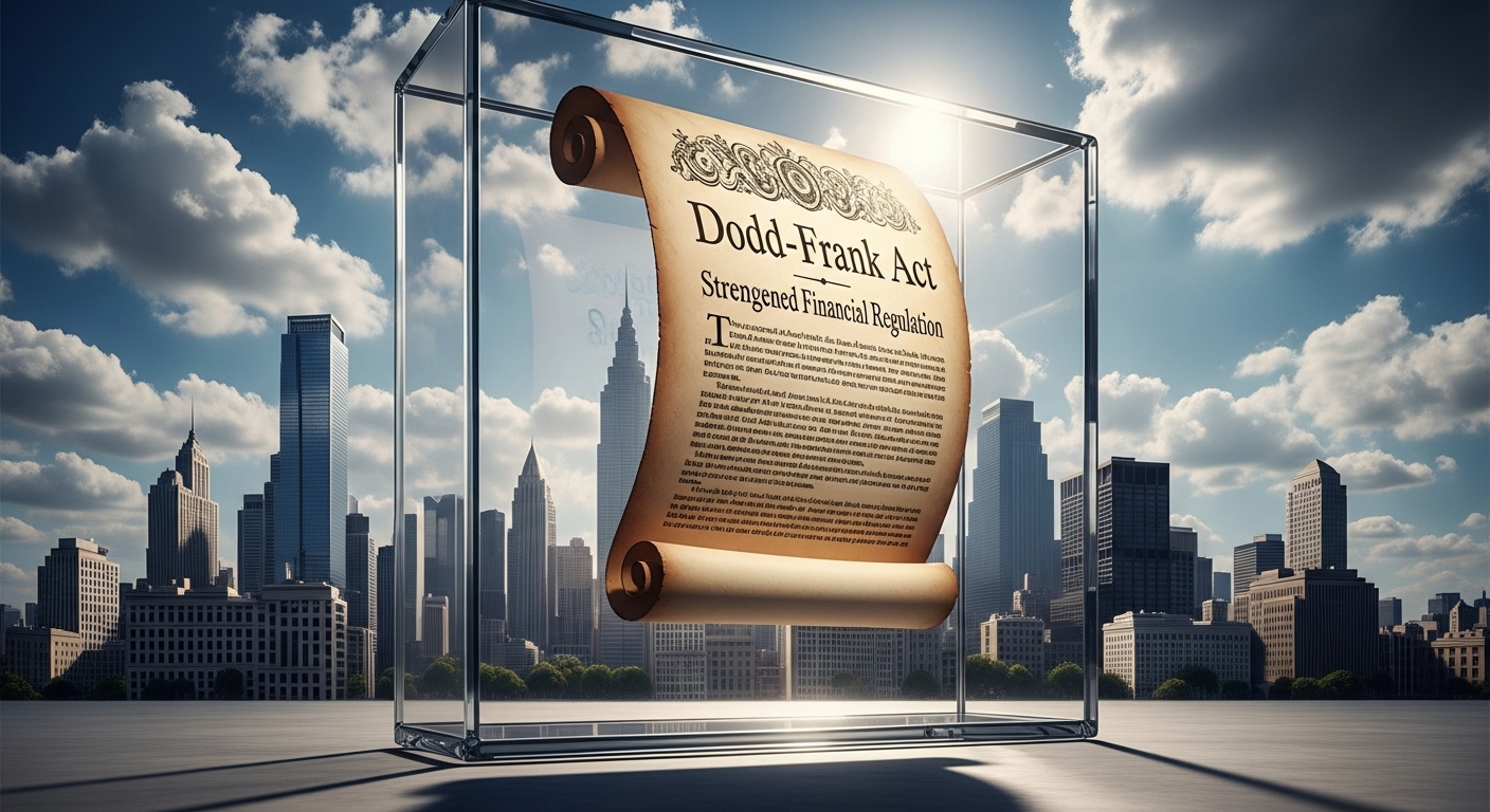 도드-프랭크법과 강화된 금융 규제를 상징하는 투명한 보호벽 뒤의 견고한 금융 지구