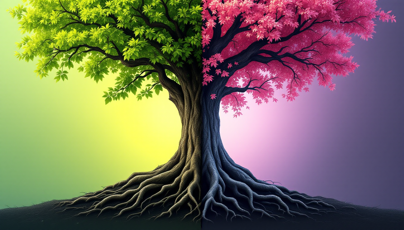 수익성을 상징하는 열매와 안정성을 상징하는 튼튼한 뿌리를 가진 나무