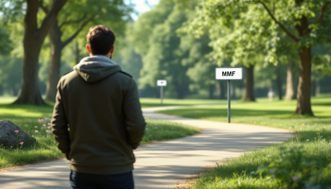 한 사람이 MMF, CMA, 단기채권 ETF, 파킹통장이라고 쓰인 여러 갈래의 안전한 길 앞에서 선택하려는 뒷모습.