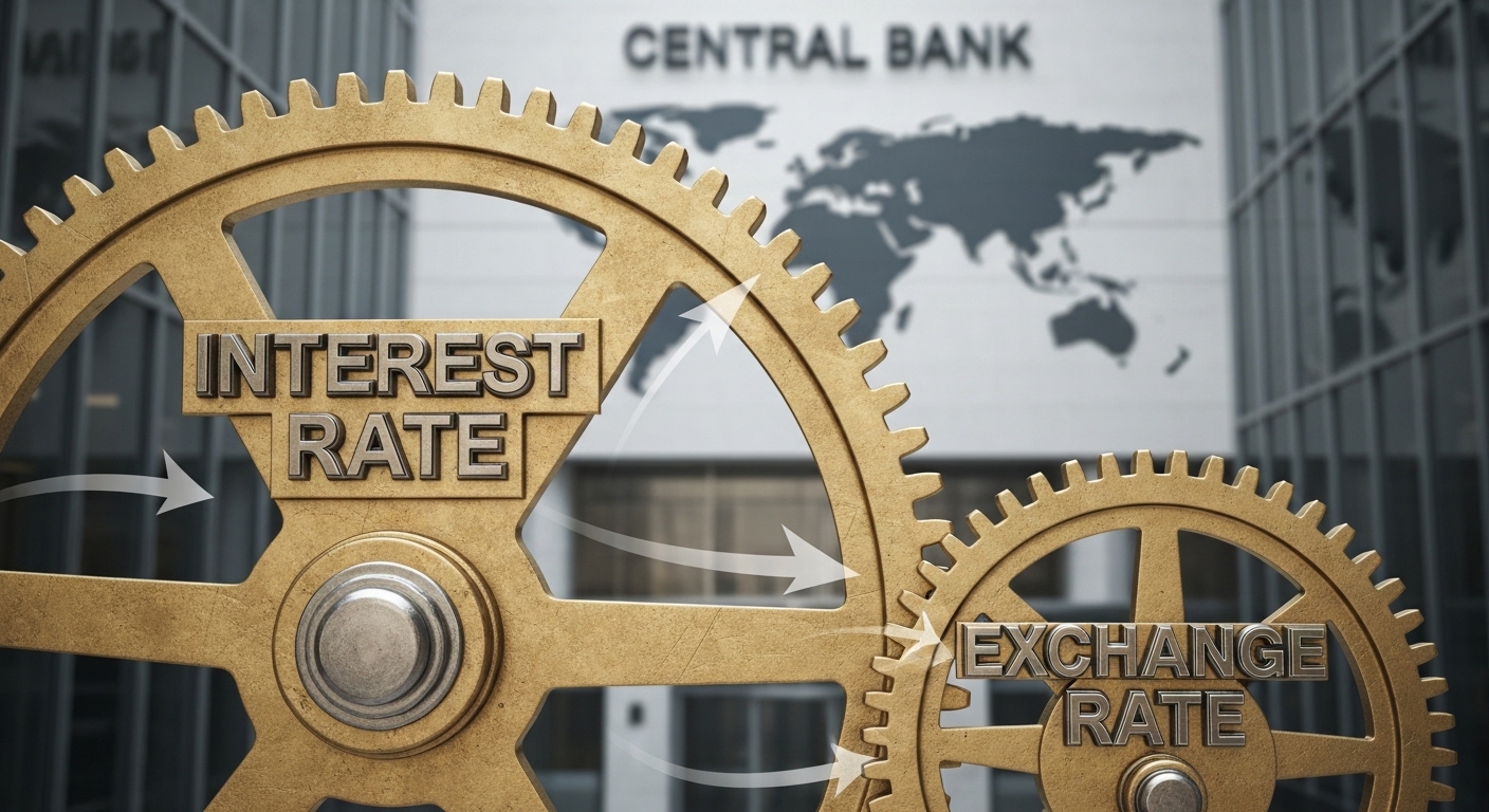 금리 변동이 환율에 미치는 핵심적인 관계를 기계적인 움직임으로 표현한 이미지