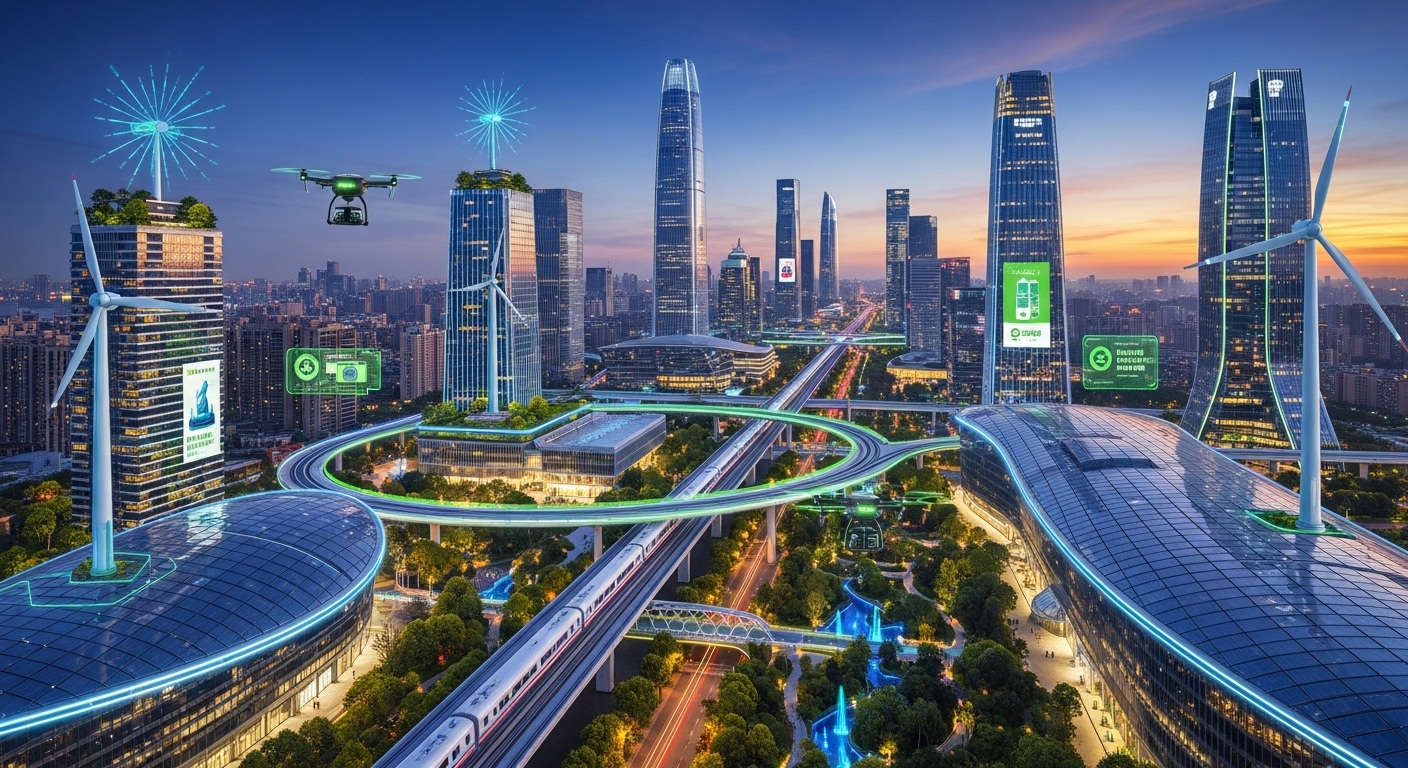 지속 가능한 성장과 기술 자립을 추구하며 BRICS 내 리더십을 발휘하는 중국 경제를 나타내는 이미지