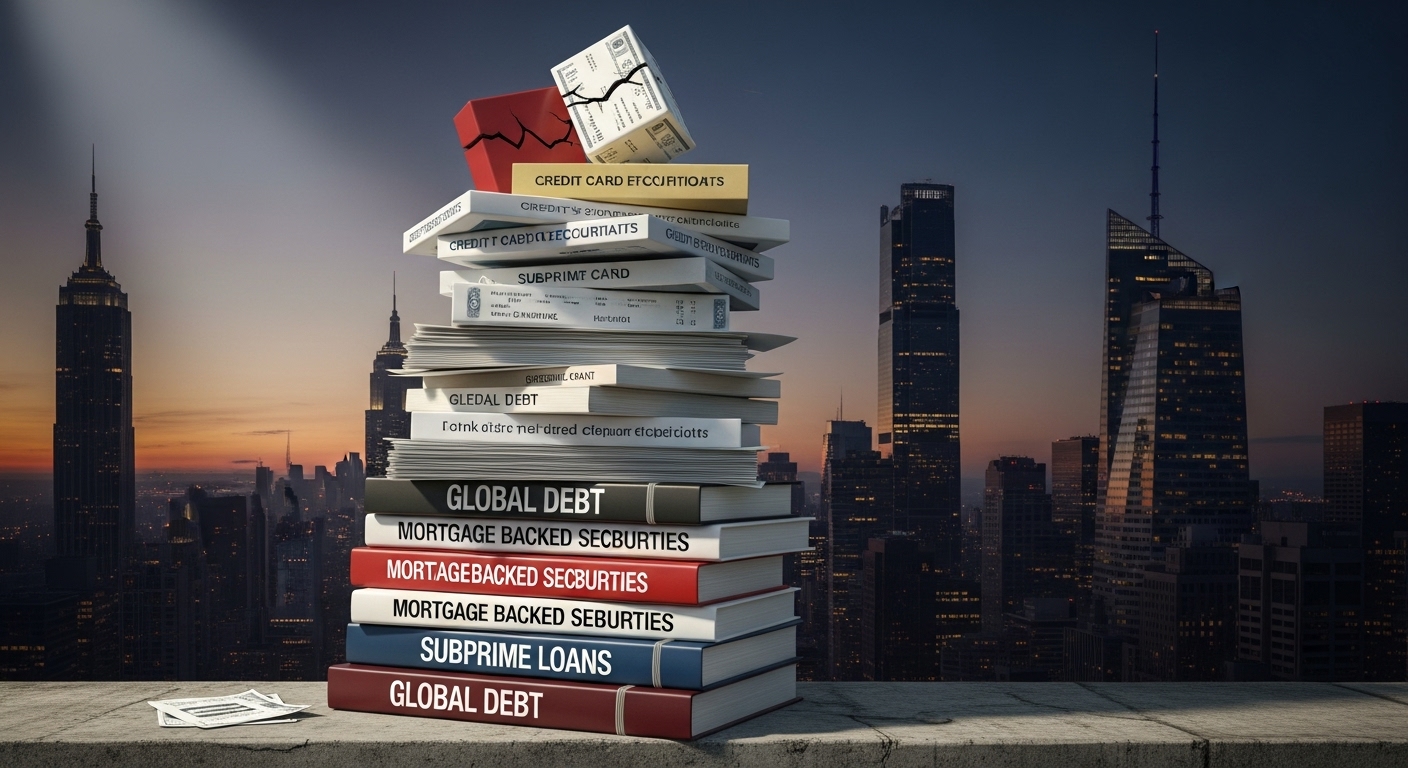 글로벌 금융 위기를 상징하는 무너져가는 금융 문서 더미와 도시 스카이라인