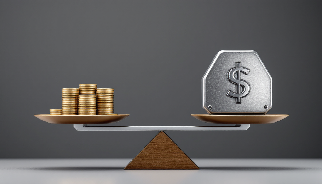 양날의 검과 같은 물타기 전략을 상징하는 저울 낮은 가격과 증가하는 위험을 동시에 나타냄