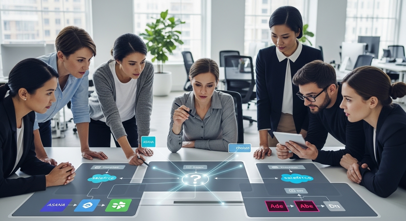 현대 오피스에서 다양한 소프트웨어와 디지털 화면을 연결하여 업무 자동화를 효율적으로 고민하는 비즈니스 전문가들.