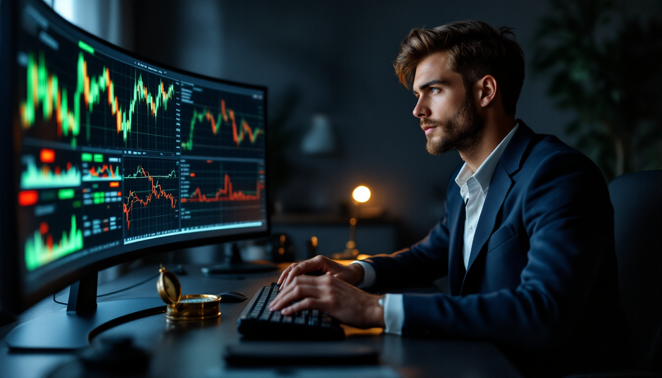 복잡한 주식 차트 앞에서 고민하는 투자자와 길잡이가 되어주는 나침반