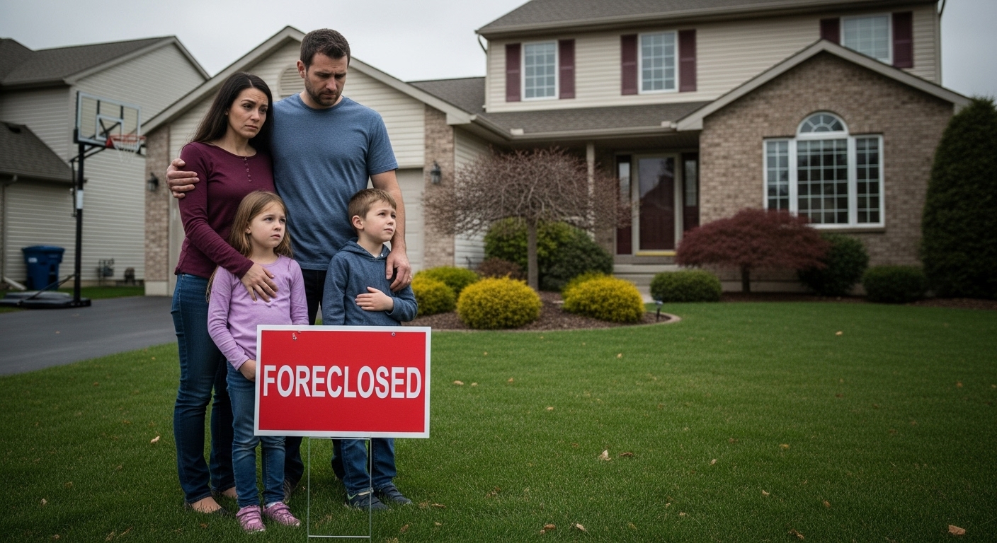 서브프라임 모기지 사태로 인해 압류된 집을 바라보는 가족의 모습