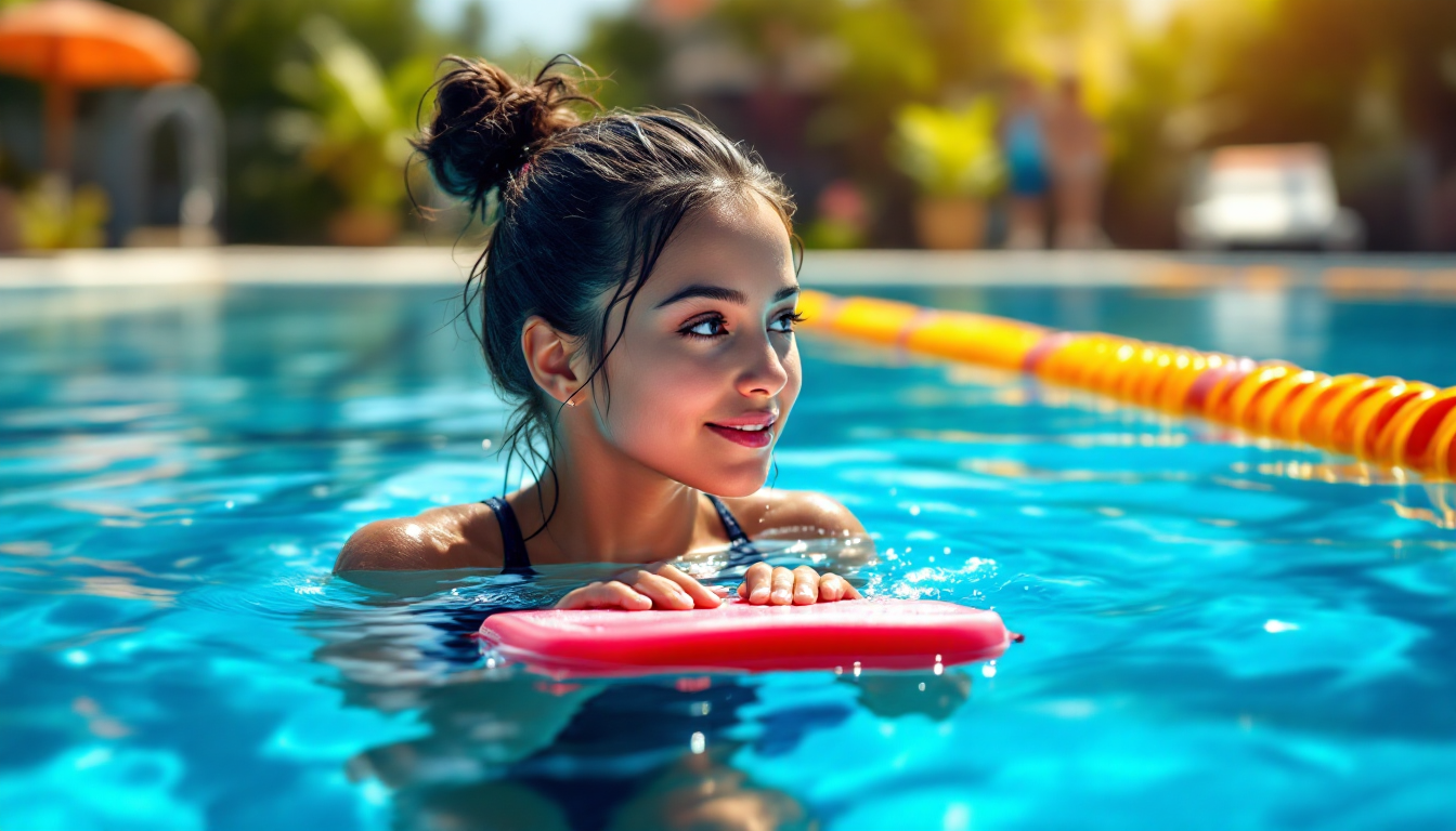 수영장의 얕은 물에서 안전하게 수영을 배우기 시작하는 사람의 모습으로, 안전한 단기 투자의 중요성을 상징.