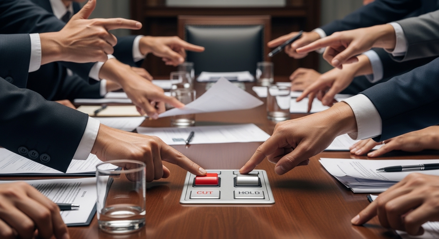 연방준비제도(Fed) 위원들 간의 금리 정책에 대한 의견 충돌을 시각적으로 표현한 이미지
