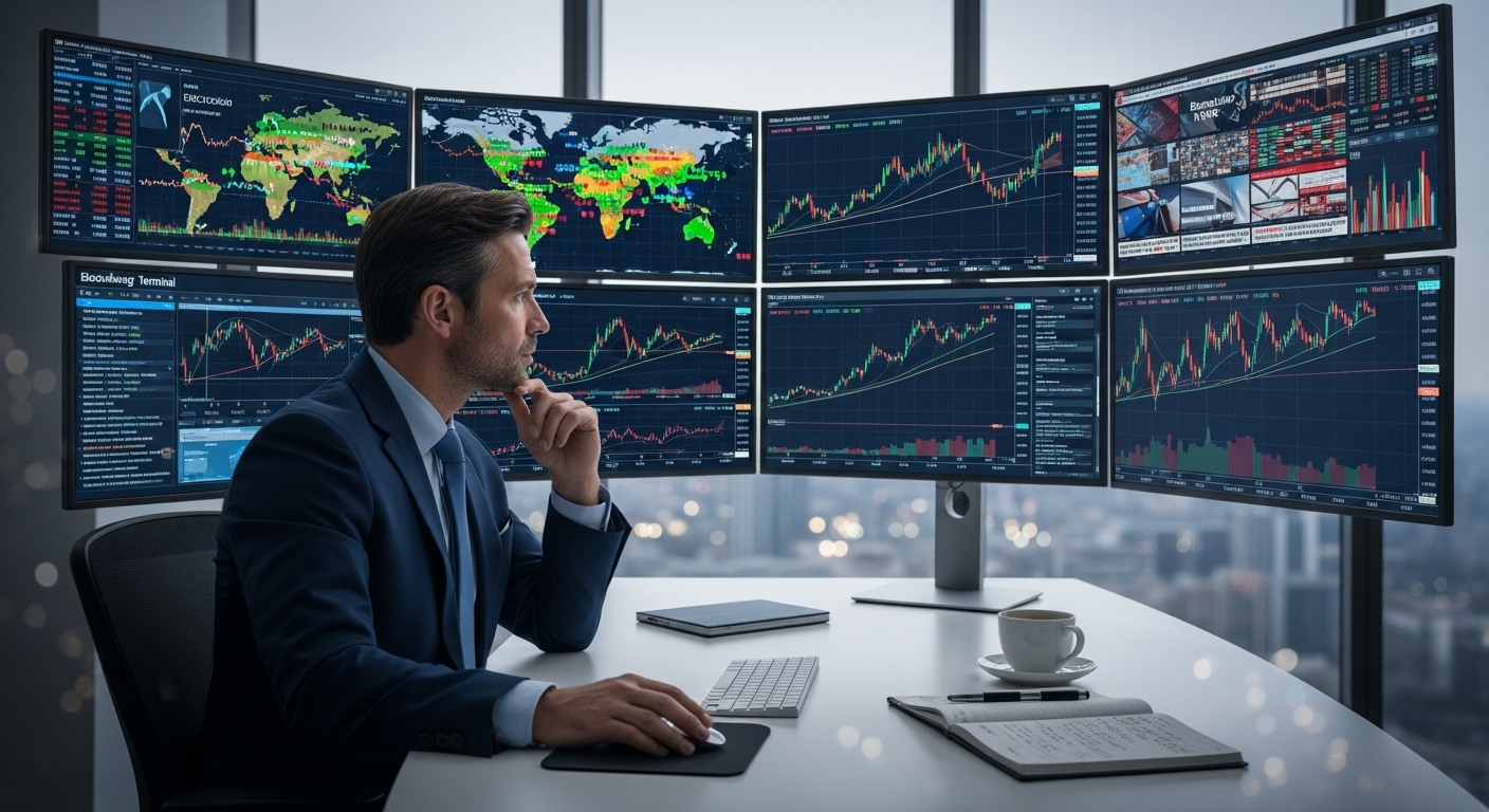 글로벌 경제 지표 지정학적 뉴스 기술적 분석 차트를 분석하는 전문 투자자의 모습