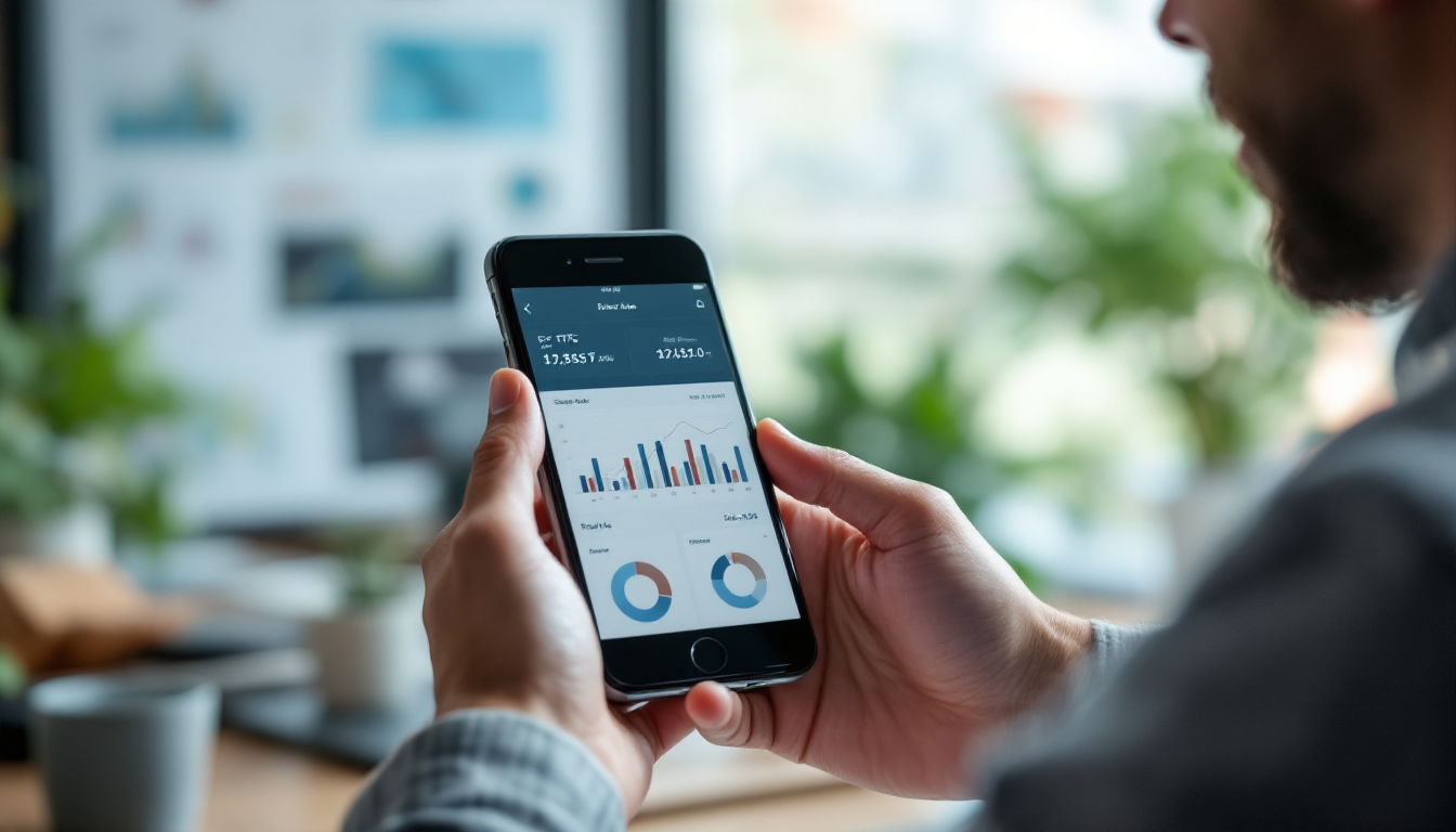 다양한 금융 차트와 그래프를 배경으로 스마트폰 투자 앱을 자신감 있게 사용하는 사람 ETF 투자 과정을 보여줌