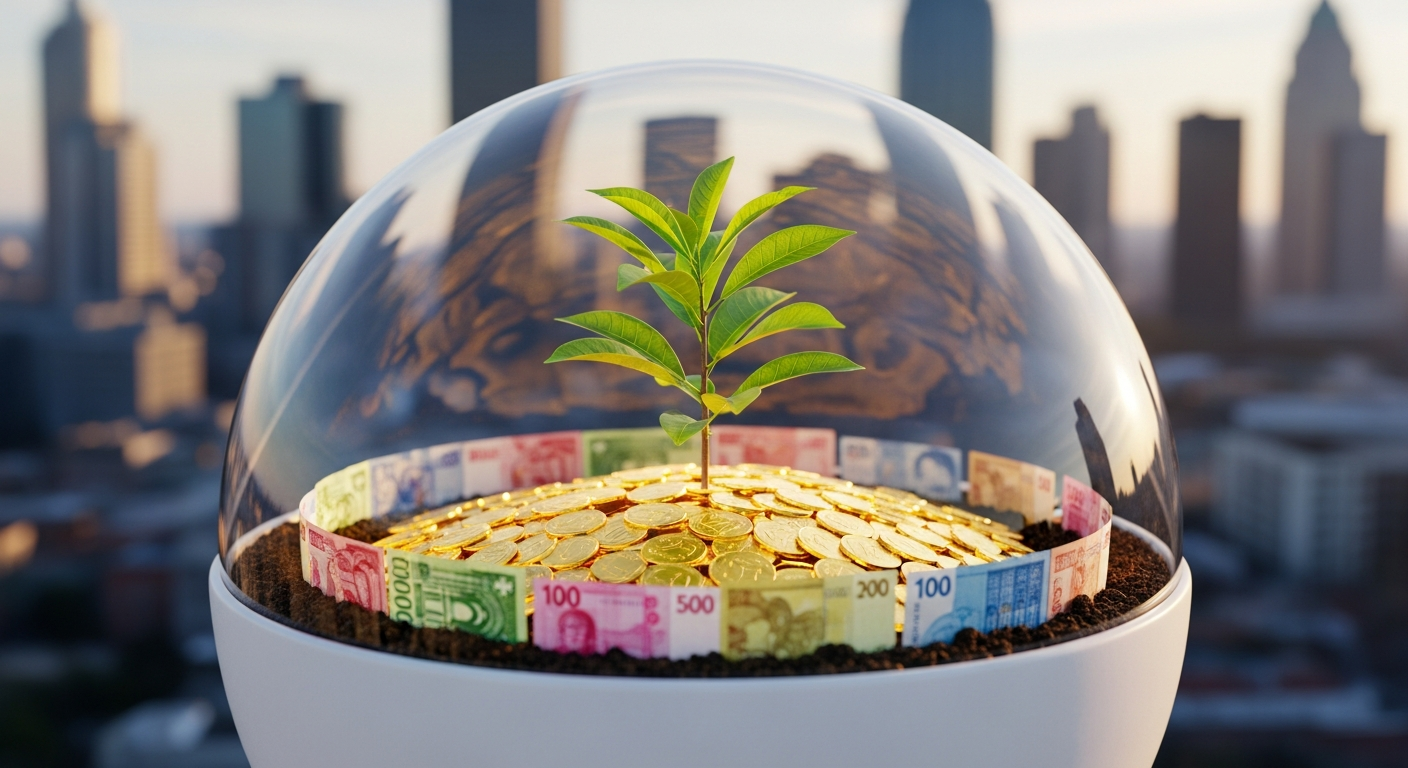 다양한 통화와 금화 위에서 자라나는 어린 묘목을 통해 국부펀드의 장기적인 국부 증대 목표를 상징하는 이미지.