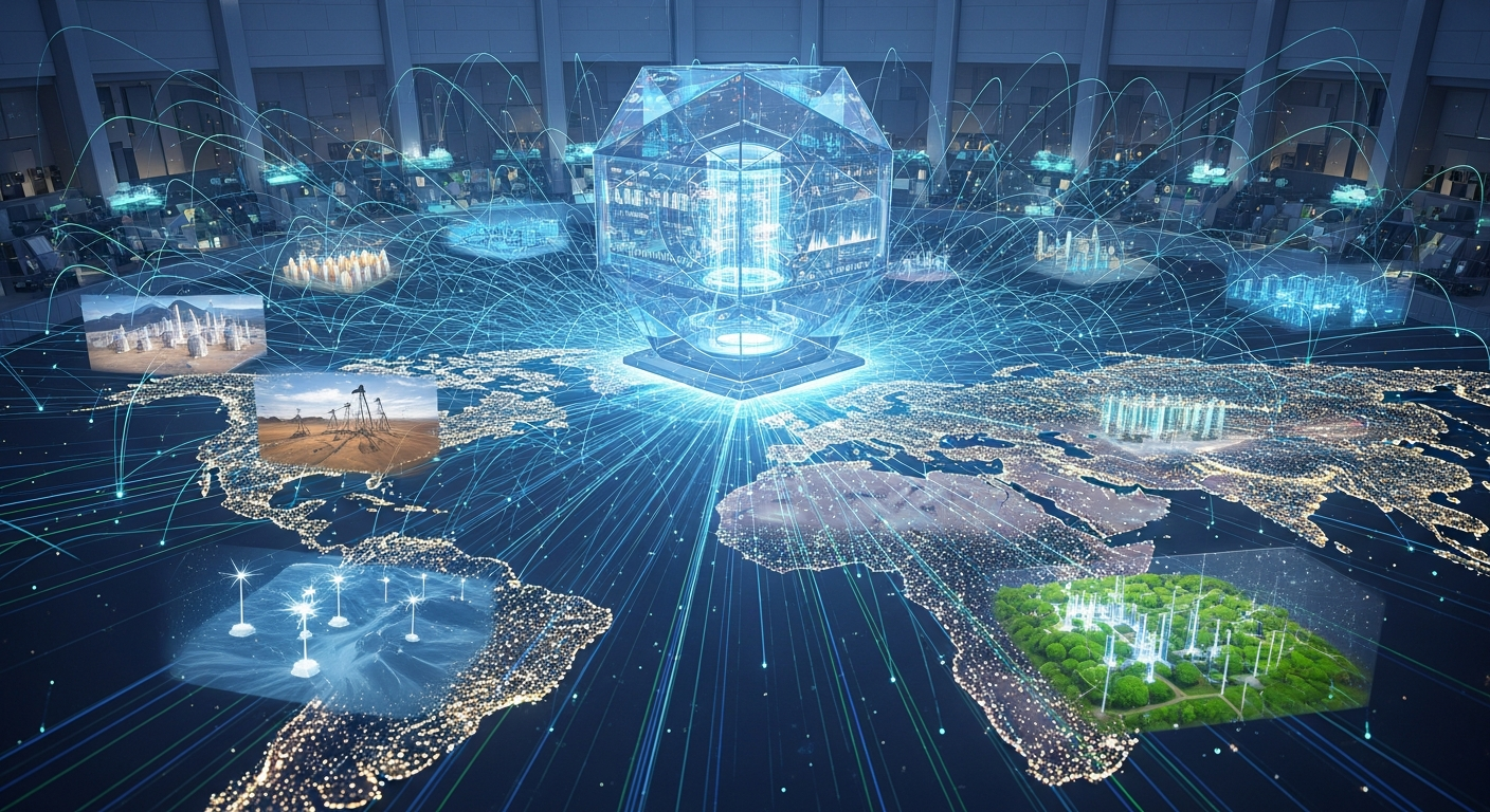 미래 세대를 위한 거대한 자산을 상징하는 투명하고 미래적인 금고 또는 복잡한 글로벌 금융 시스템