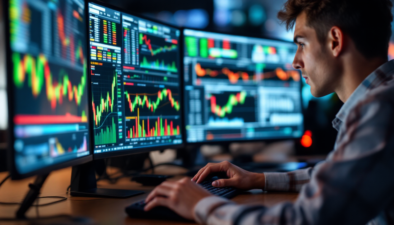 여러 모니터를 보며 빠르게 단타 매매를 하는 젊은 트레이더
