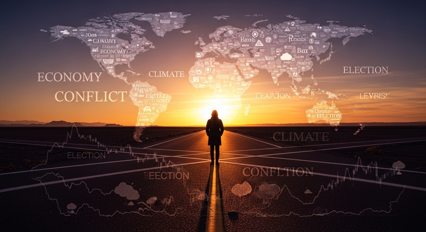 불확실한 미래를 내다보는 사람의 실루엣과 변화하는 국제 정세