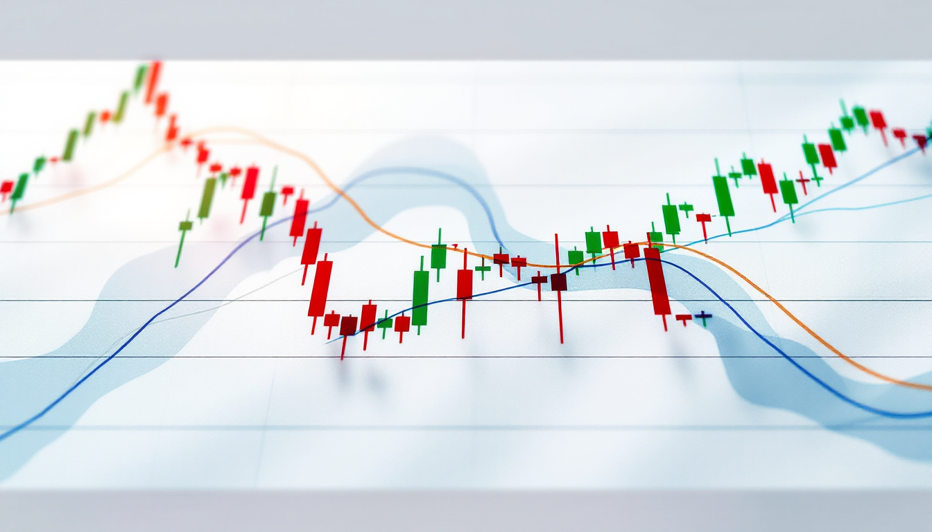 주가 캔들 차트 위에 여러 이동평균선이 부드럽게 흐르며 추세를 보여주는 모습