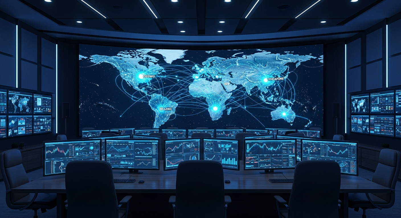 세계 지도와 금융 데이터가 표시된 최첨단 관제 센터를 통해 전 세계 주요 국부펀드의 운영 현황을 나타내는 이미지.
