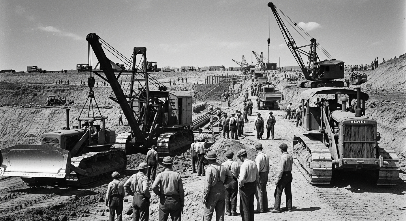 1930년대 미국 뉴딜 정책의 일환으로 건설되는 대규모 공공사업 현장