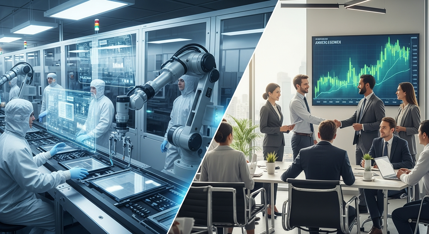 첨단 산업 시설과 글로벌 비즈니스 협력 장면을 통해 국부펀드의 직접적 및 간접적 경제 성장 기여를 보여주는 이미지.