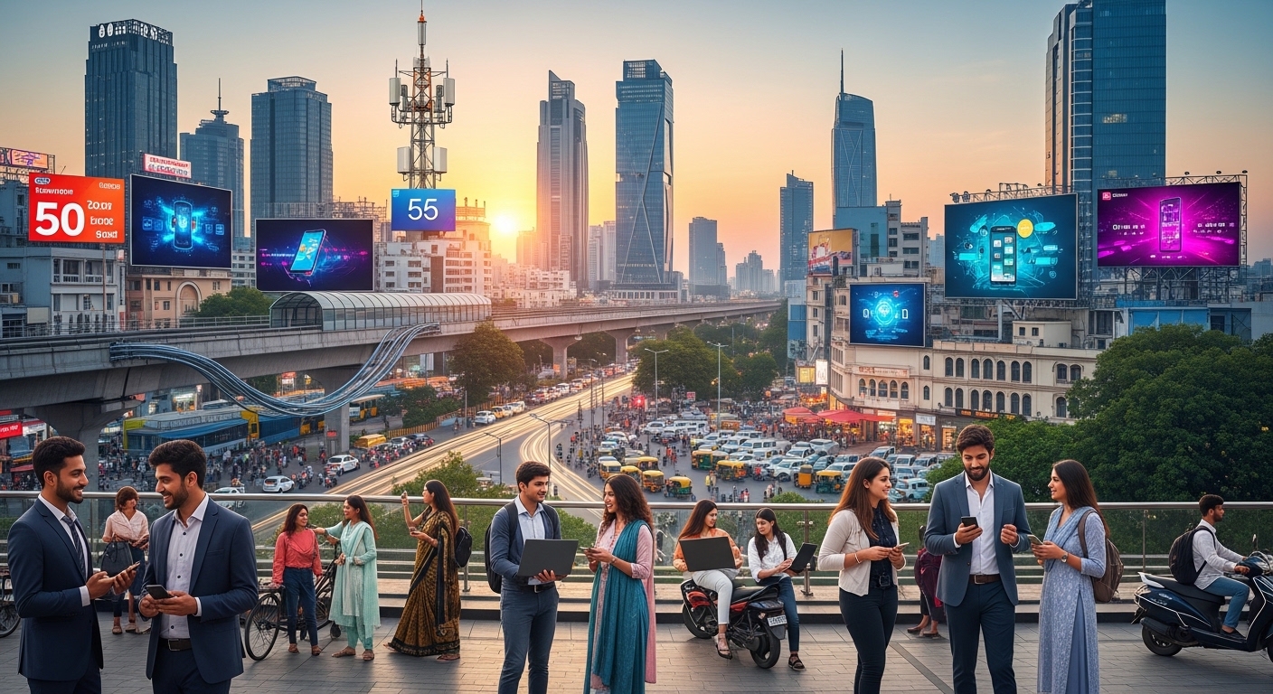 거대한 내수 시장과 디지털 혁신을 통해 성장하는 인도의 역동적인 경제를 보여주는 이미지