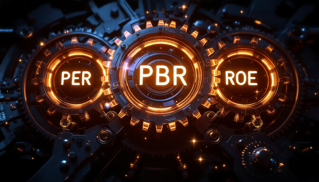 PER PBR ROE라고 표시된 세 개의 톱니바퀴가 완벽하게 맞물려 돌아가는 모습
