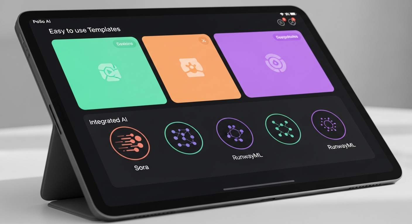 태블릿 화면에 표시된 Pollo AI의 깔끔하고 직관적인 사용자 인터페이스로 다양한 사용하기 쉬운 템플릿과 Sora Runway와 같은 다양한 통합 AI 모델 아이콘이 콘텐츠 제작자를 위한 단순성 속도 및 다용성을 나타냄