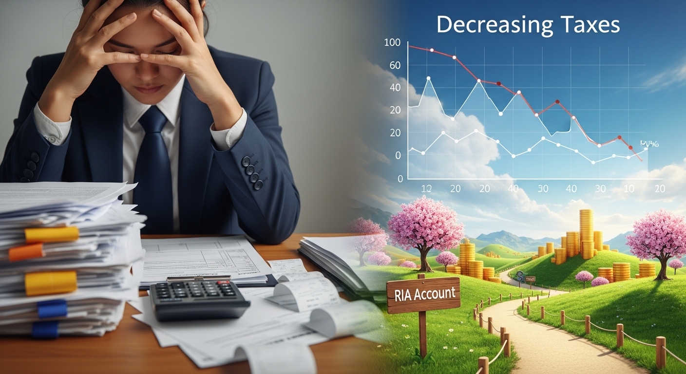 세금 서류를 보고 고민하는 사람과 RIA 계좌를 통한 새로운 절세 기회를 상징하는 이미지