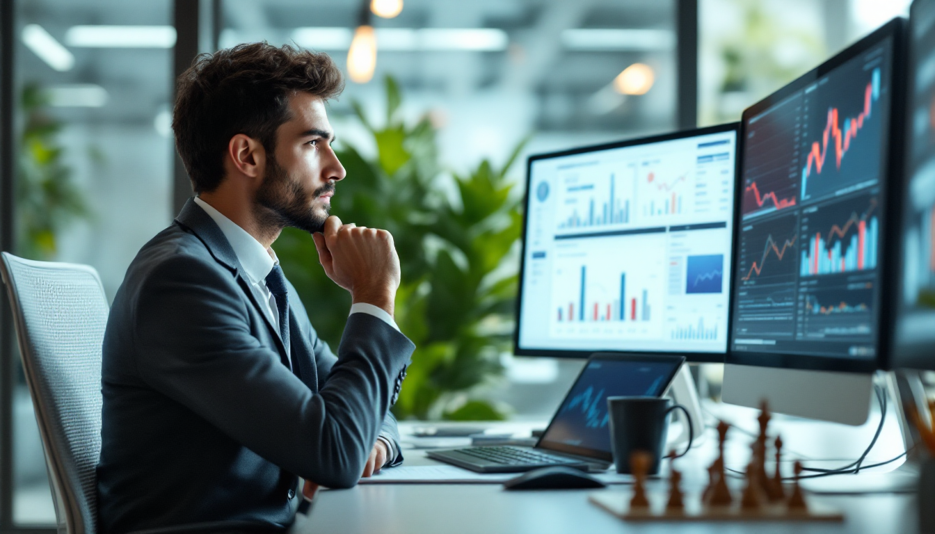 다양한 분석 도구와 함께 공포 탐욕 지수를 활용하여 이성적이고 현명한 투자 결정을 내리는 투자자의 모습을 나타내는 이미지.