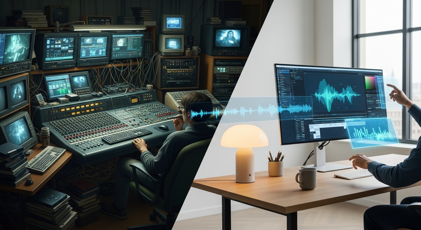 전통적인 복잡한 영상 편집과 AI 기반의 간소화된 영상 제작 과정을 대조적으로 보여주는 이미지