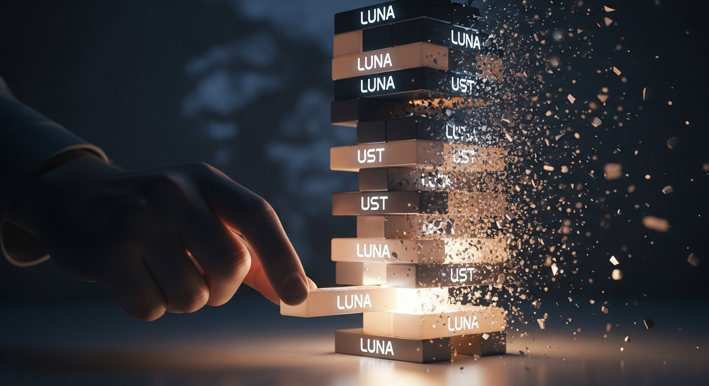 테라-루나 사태를 묘사하는 이미지. LUNA와 UST 블록으로 만들어진 젠가 타워가 무너지고 있다.