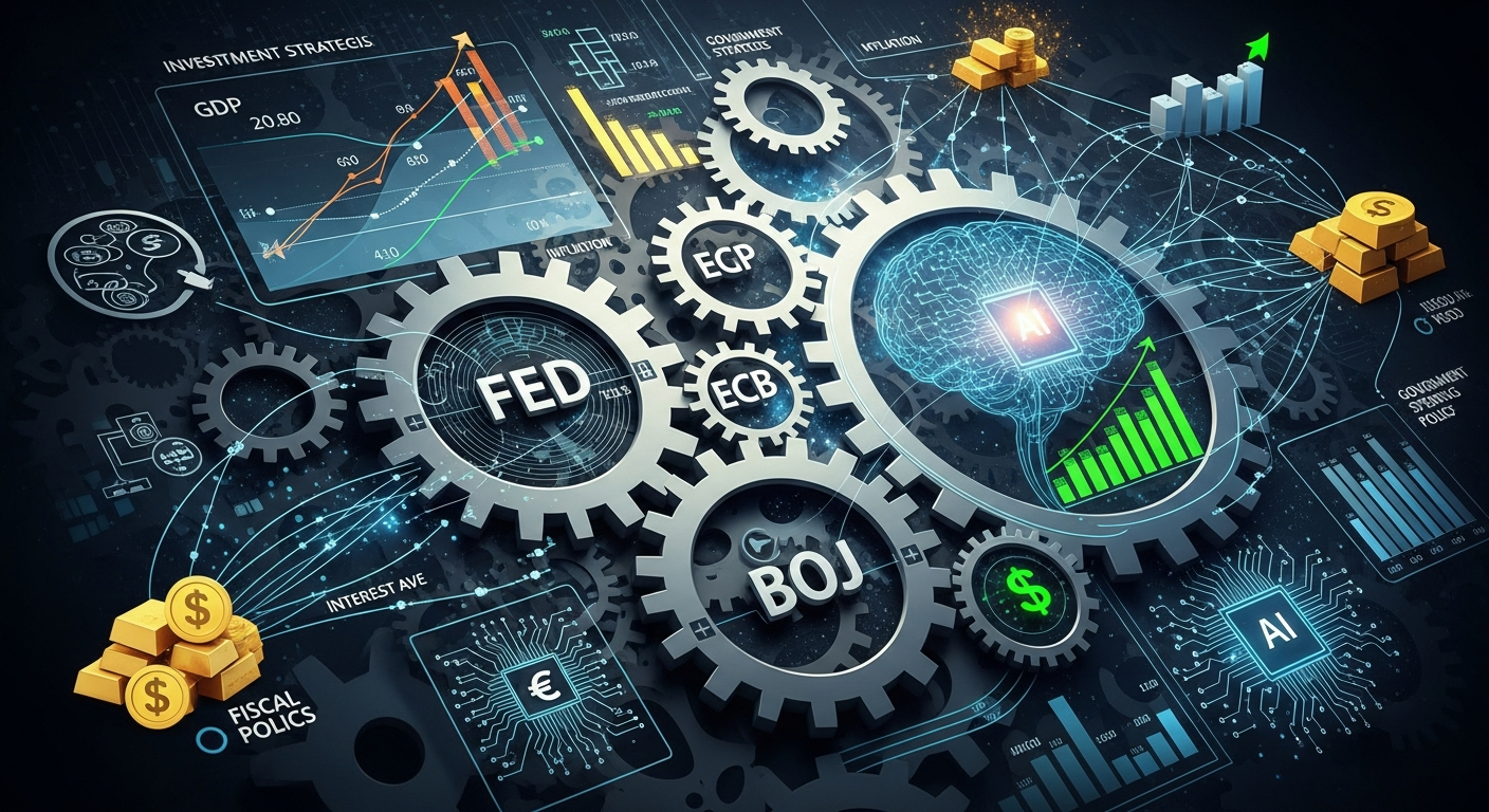상호 연결된 기어와 차트로 글로벌 거시 경제 분석을 추상적으로 표현하며 중앙은행 정책 재정 정책 인공지능 반도체 금 달러 기호가 포함된 이미지
