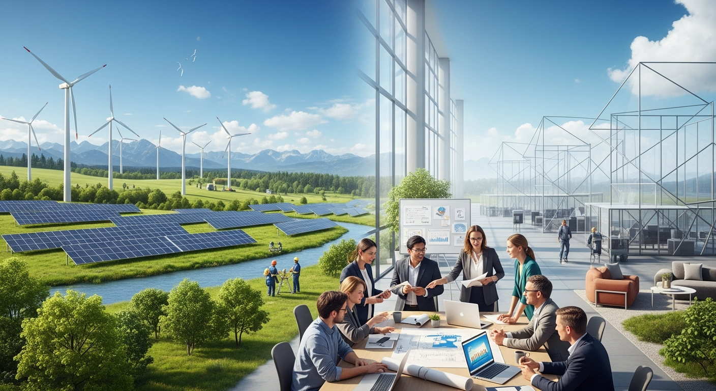 푸른 환경 협력하는 사람들 투명한 구조물이 조화롭게 어우러져 ESG 환경 사회 지배구조 원칙을 상징하는 이미지