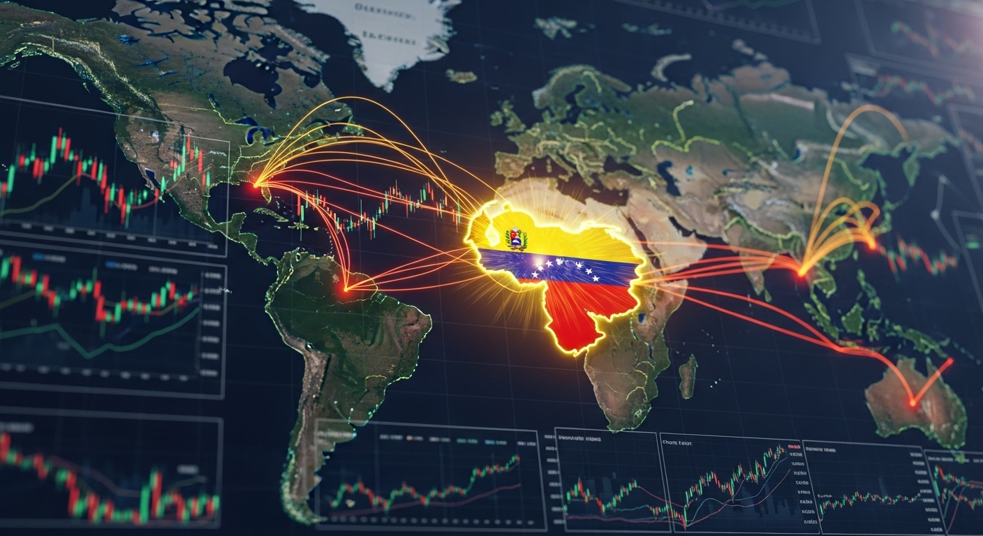 국제 석유 패권 경쟁과 글로벌 에너지 시장에 미칠 베네수엘라의 영향을 보여주는 고화질 실사 글로벌 지도 이미지