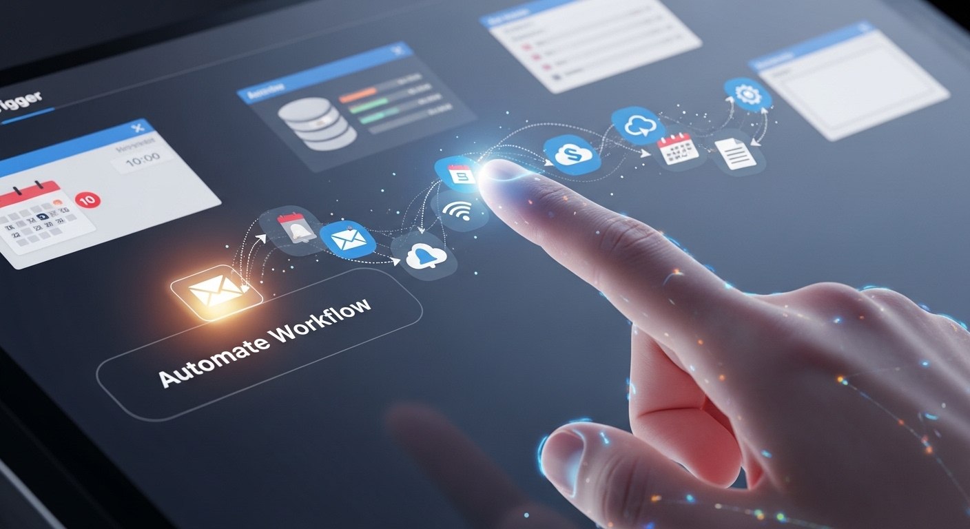 디지털 트리거가 여러 애플리케이션에 걸쳐 자동으로 작업을 실행하는 모습을 시각적으로 보여주는 이미지.