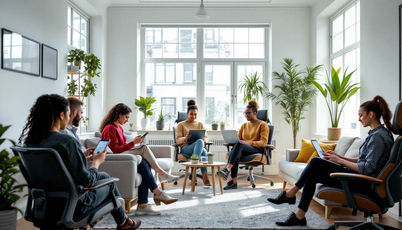 일상생활과 업무에 자연스럽게 통합된 생성형 AI 앱을 사용하는 다양한 사람들의 모습