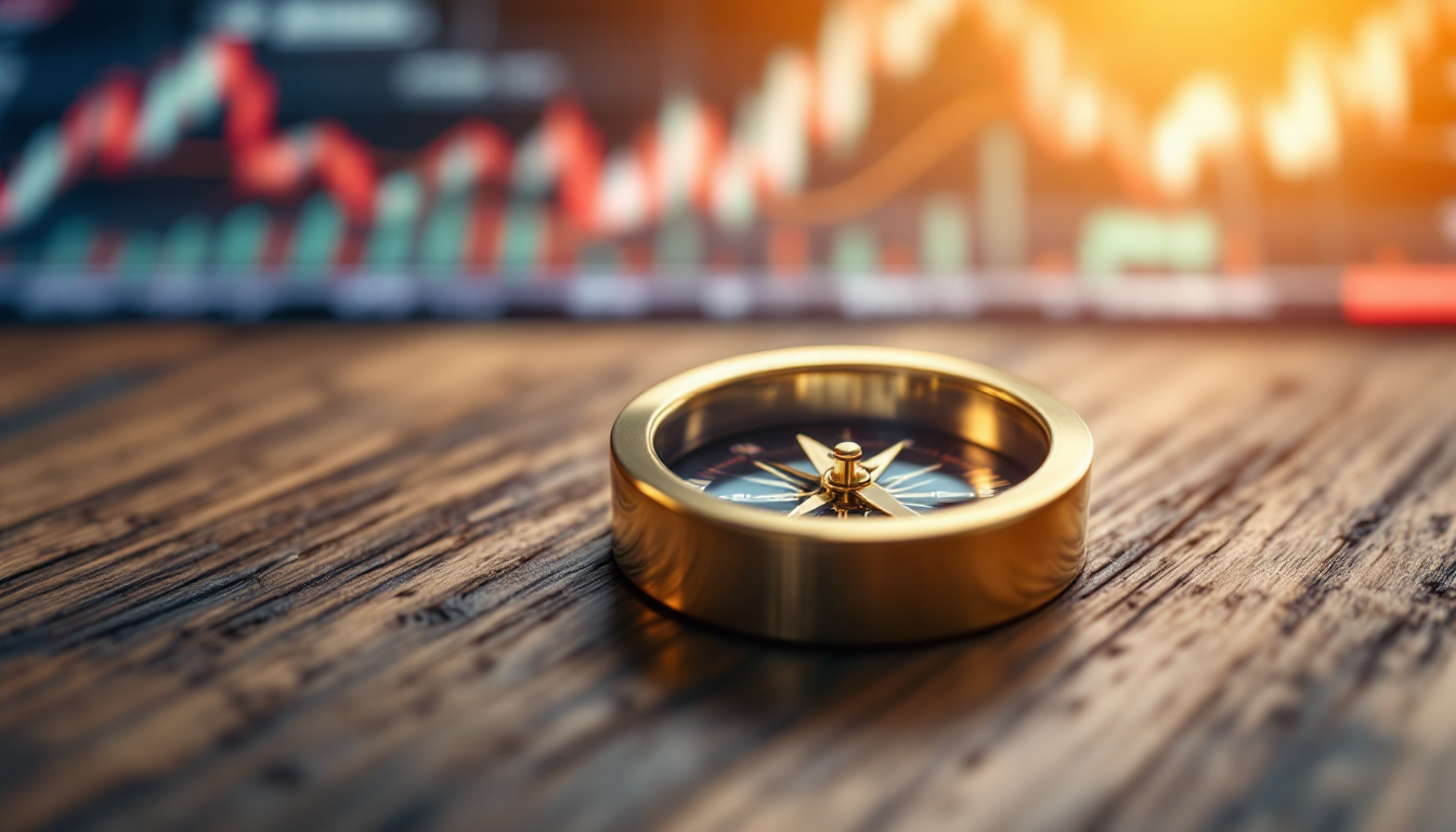 변동성 강한 투자 시장에서 투자 심리 지표인 공포 탐욕 지수를 나침반처럼 활용하는 모습을 상징하는 이미지.