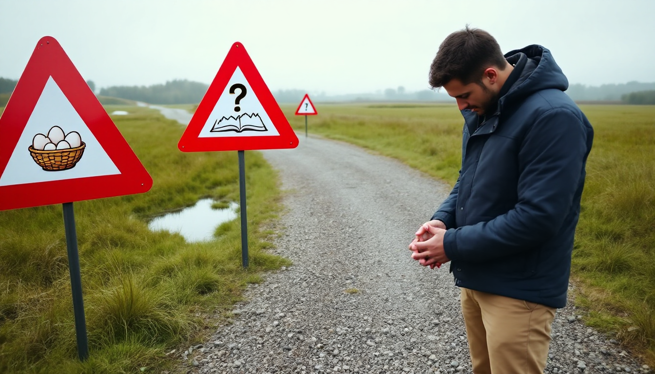 '몰빵 투자', '단기 수익률 맹신', '이해 부족'을 상징하는 경고 표지판을 보고 멈춰 선 투자자의 모습.