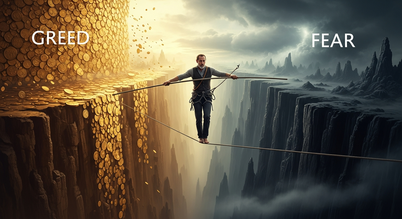 가상자산 시장의 탐욕과 공포를 상징하는 이미지. 한 투자자가 탐욕과 공포 사이에서 아슬아슬하게 균형을 잡고 있다.
