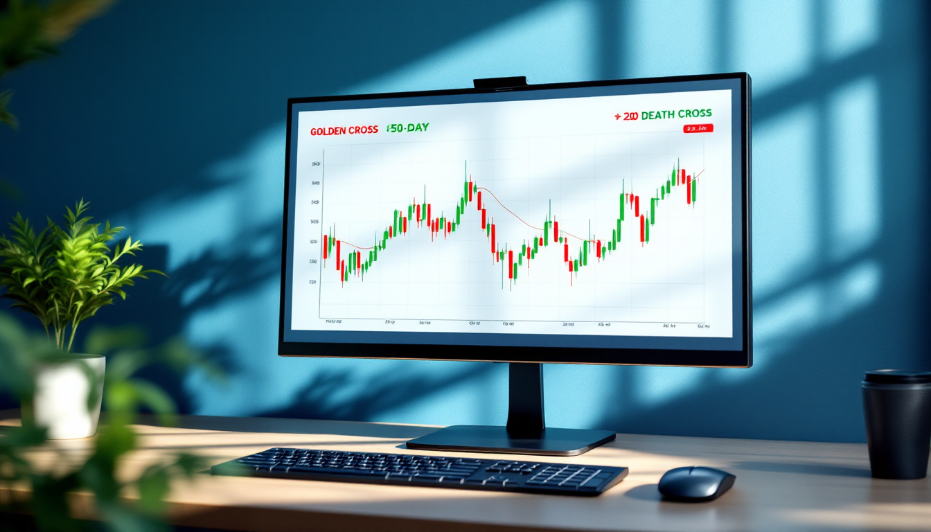 주식 차트에서 단기 이동평균선이 장기 이동평균선을 상향 돌파하는 골든크로스와 하향 이탈하는 데드크로스