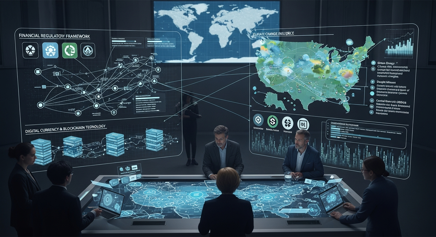 2026년 미국 금융 거버넌스의 변화하는 풍경을 묘사하는 고화질 실사 이미지 기후 변화 디지털 화폐 블록체인 지정학적 요인이 금융 규제 프레임워크에 영향을 미치고 인공지능 상징이 통합된 디자인
