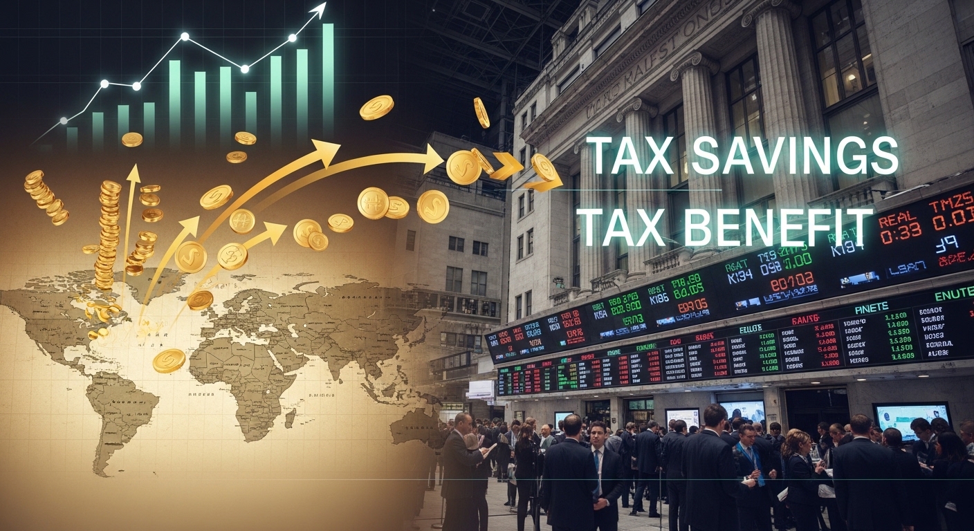 해외에서 국내 시장으로 자금이 유입되어 세금 혜택을 받는 모습을 시각적으로 표현한 이미지