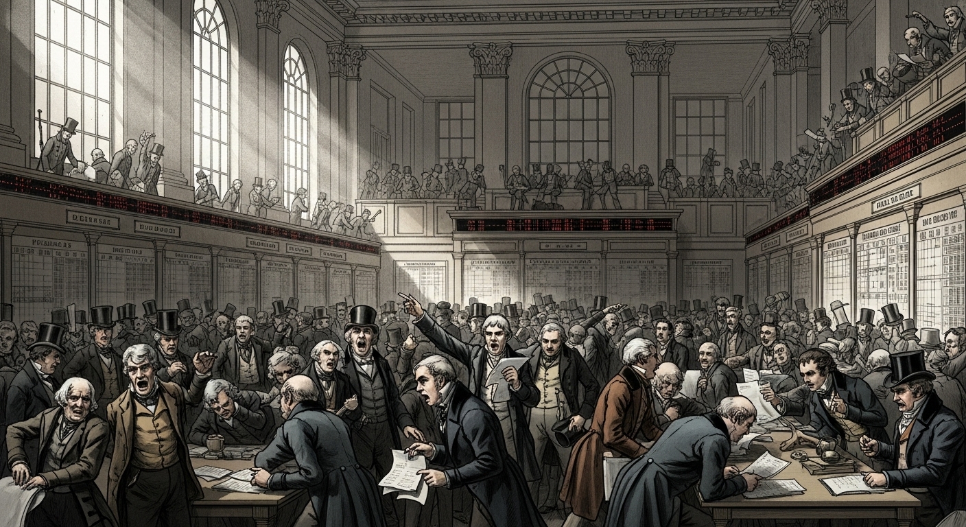 19세기 영국 증권 거래소나 회의실에서 흥분한 투자자들이 주식 티커와 문서를 열정적으로 보고 있는 역동적인 모습 투기적인 분위기와 투자 열풍을 보여줍니다