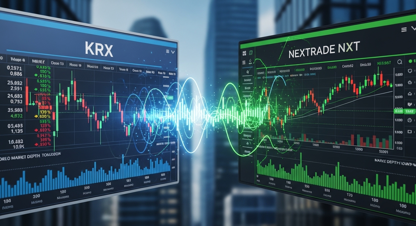 한국거래소와 넥스트레이드가 상호 연결되어 경쟁하는 금융 시스템 개념도