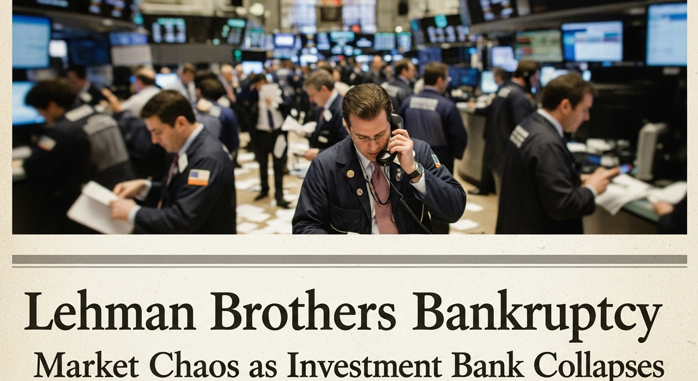 '리먼 브라더스 파산' 헤드라인이 실린 신문과 혼란스러운 거래장의 모습