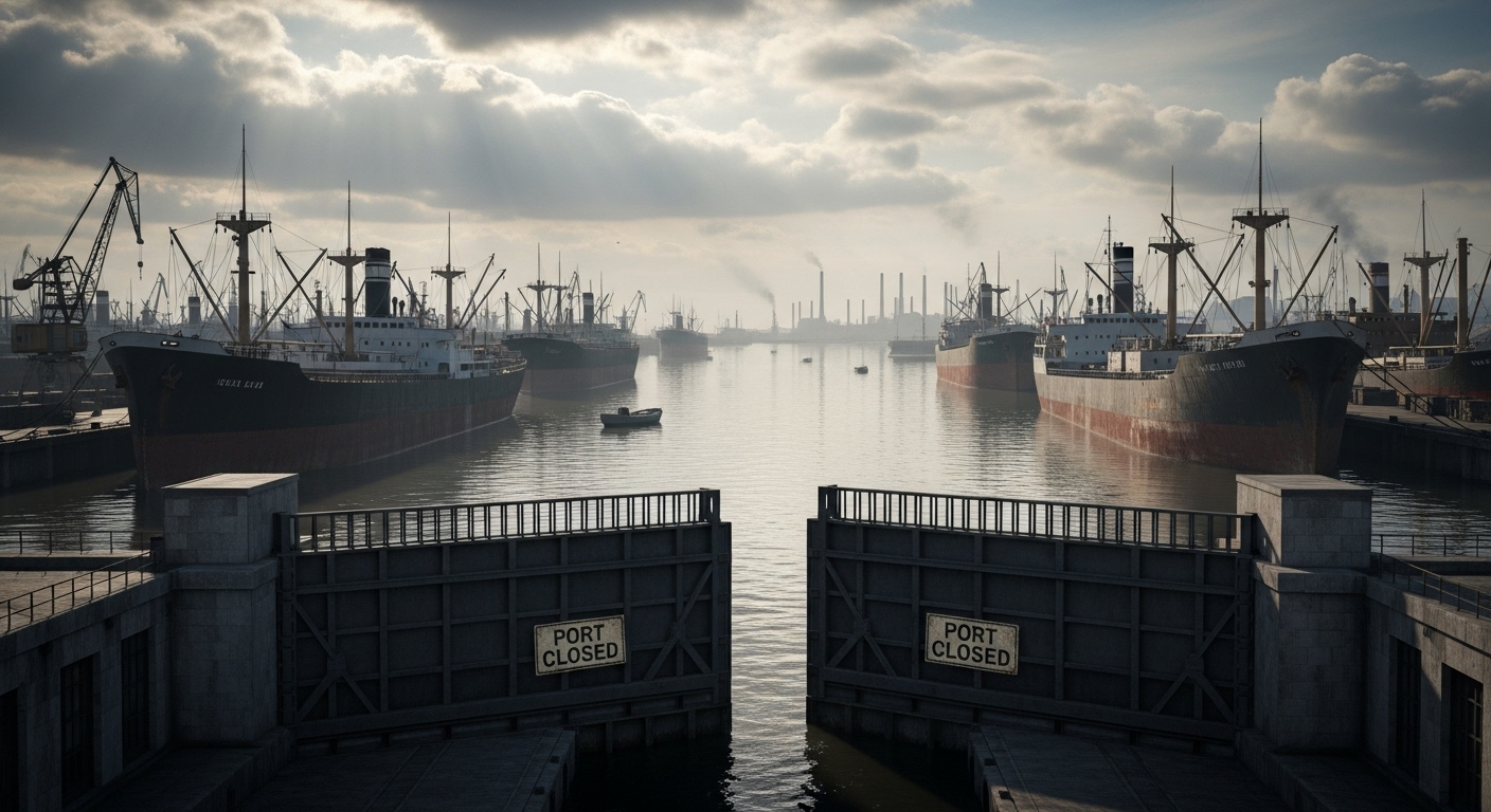 1930년대 대공황으로 인해 국제 무역이 위축되어 항구에 정박해 있는 화물선들