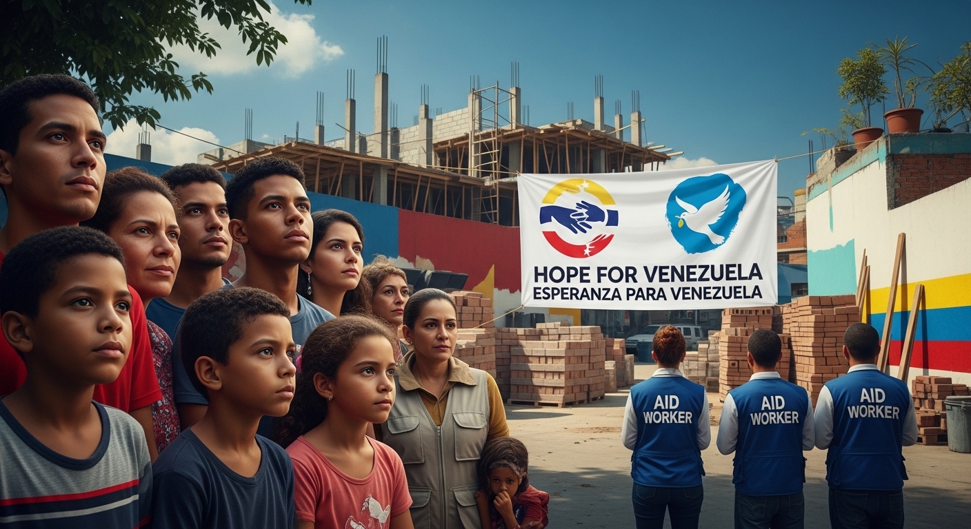 베네수엘라 국민들이 재건과 국제 원조의 희망을 바라보는 고화질 실사 이미지