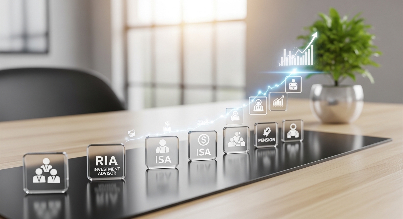 RIA, ISA, 연금 계좌 등 다양한 투자 상품들이 조화롭게 어우러져 포트폴리오를 구성하는 이미지