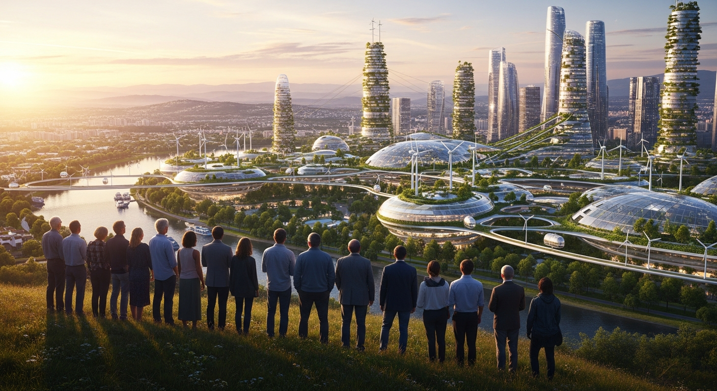 일출을 배경으로 번영하는 미래 도시를 바라보는 사람들의 모습을 통해 국부펀드가 만들어갈 긍정적인 미래를 암시하는 이미지.