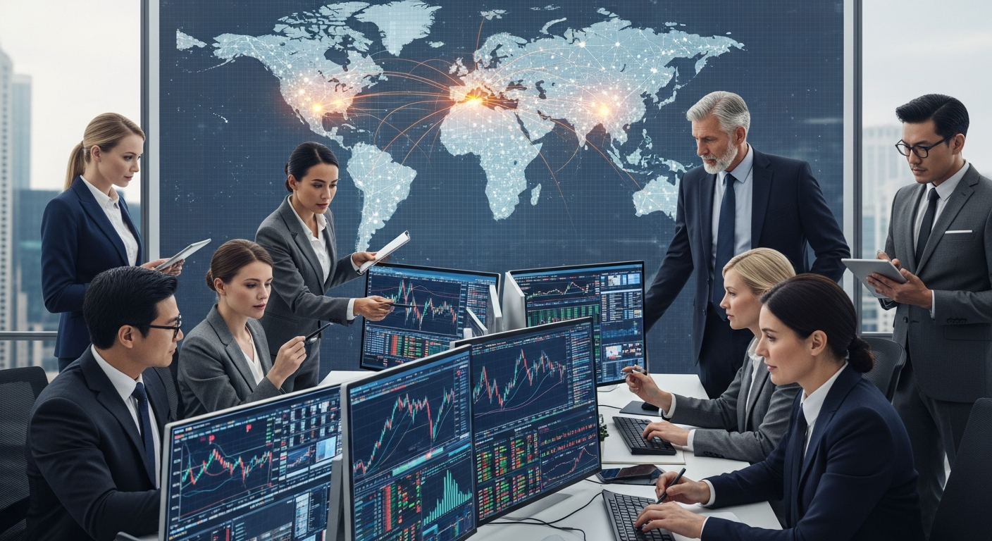 월스트리트의 엘리트 금융 전문가들이 복잡한 금융 데이터를 분석하며 글로벌 경제에 영향을 미치는 모습
