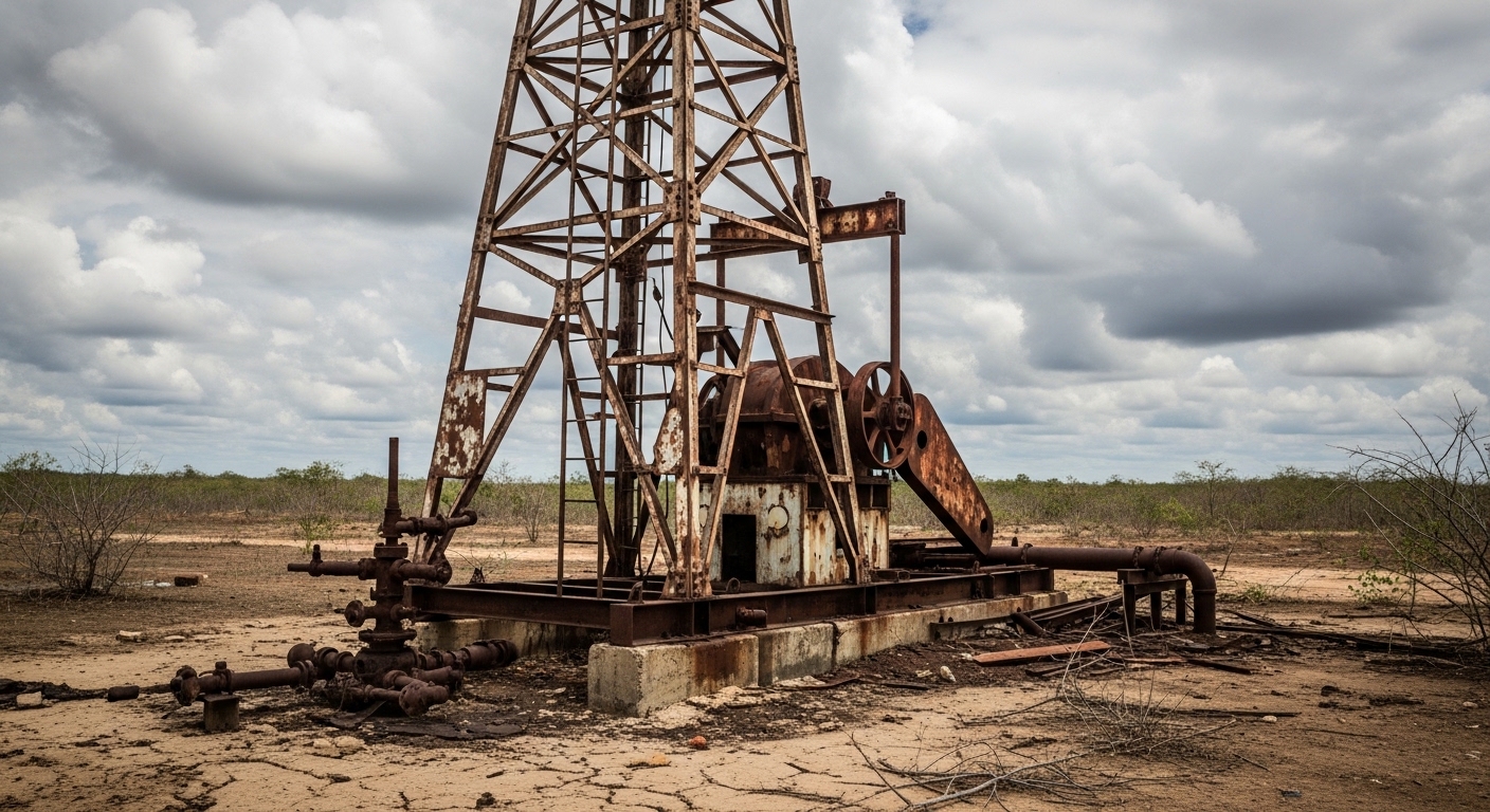 녹슬고 황폐해진 베네수엘라의 낡은 석유 시추 시설 또는 정유 공장을 보여주는 고화질 실사 이미지